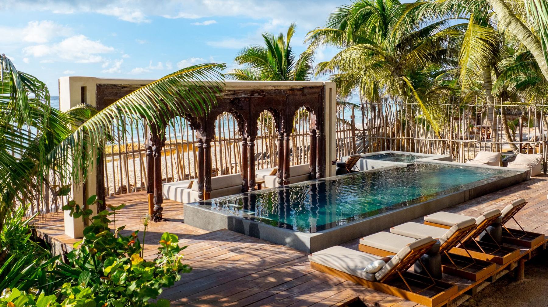 A palm-framed pool with loungers at Casa Zamna