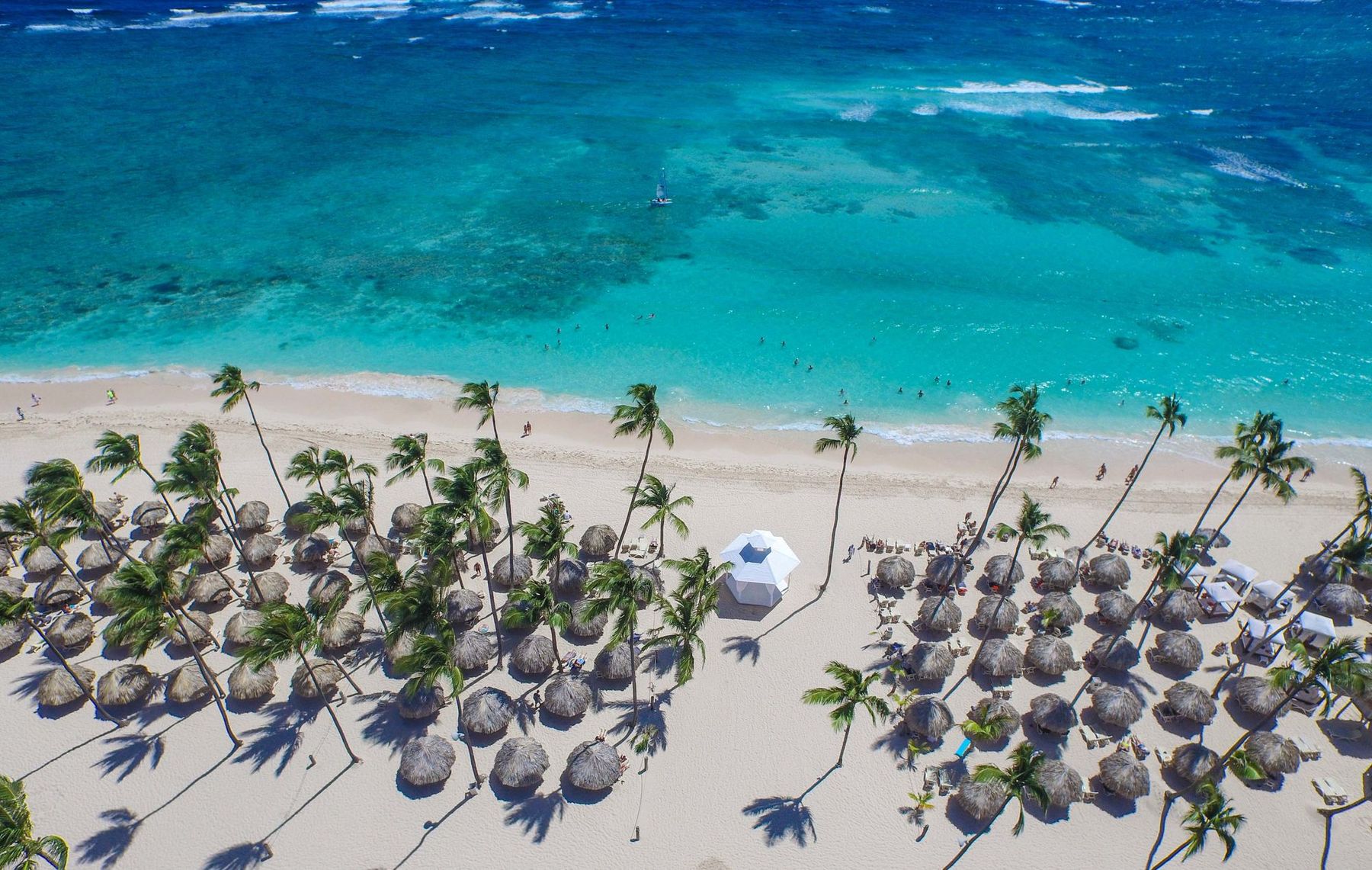 Aerial view of a palm-thatched beach and turquoise water in Punta Cana