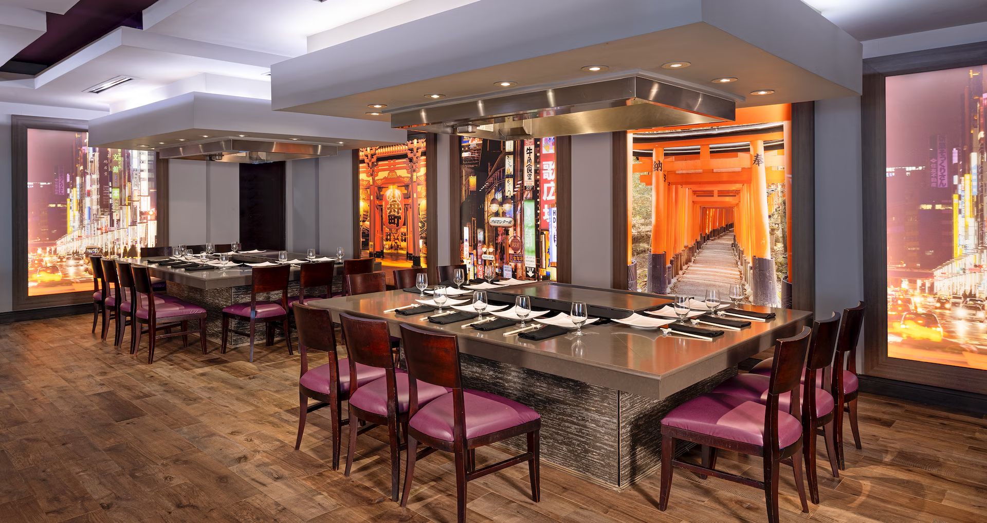 A hibachi dining room with red chairs at Beaches Negril