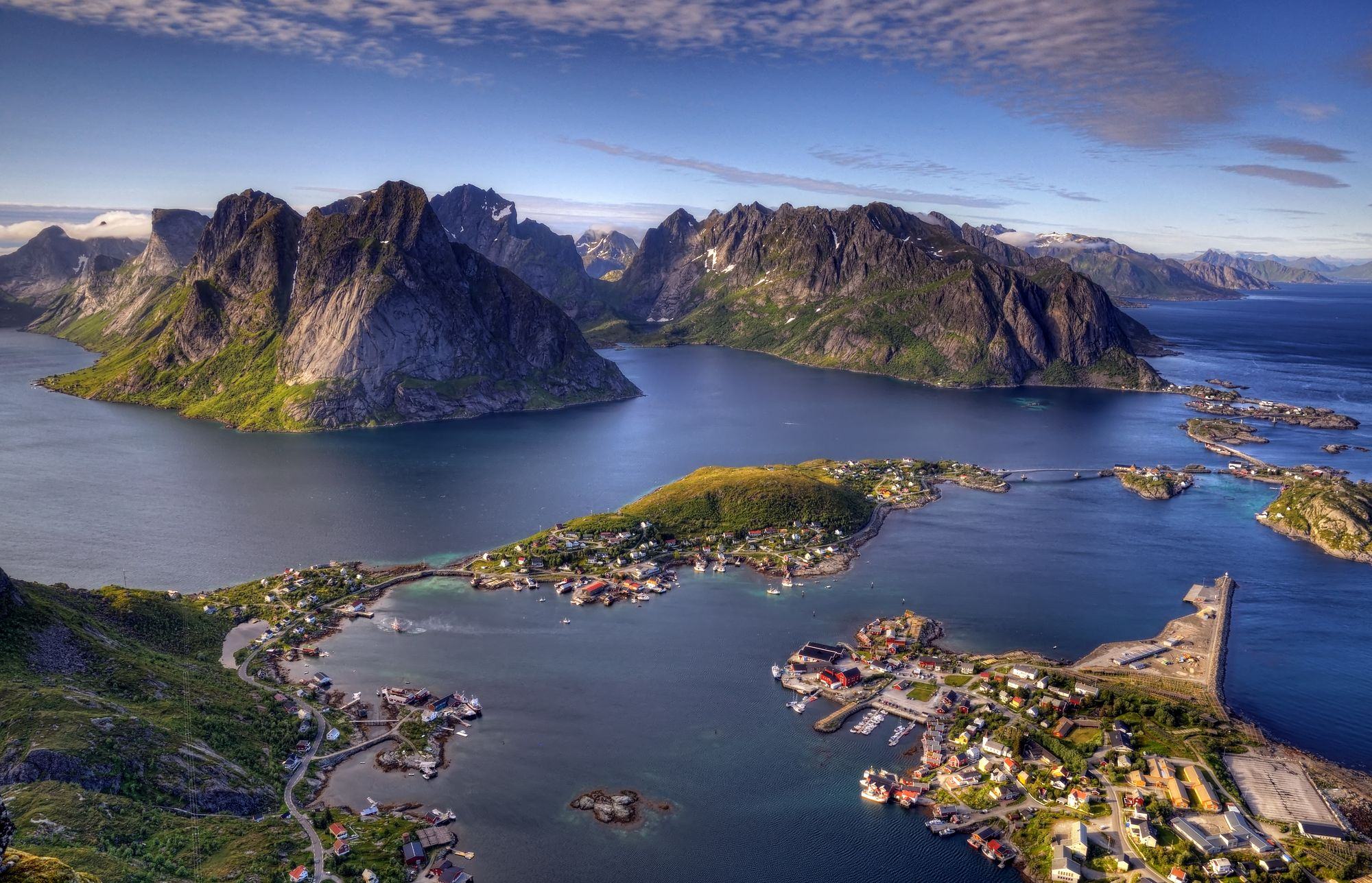 Mountains and islands of Norway's Lofoten coast from above