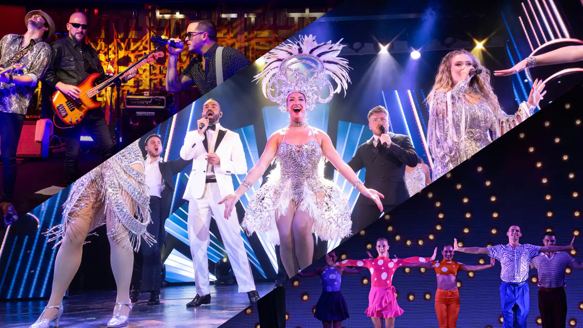 Singers and dancers in sparkling costumes on the ship's stage
