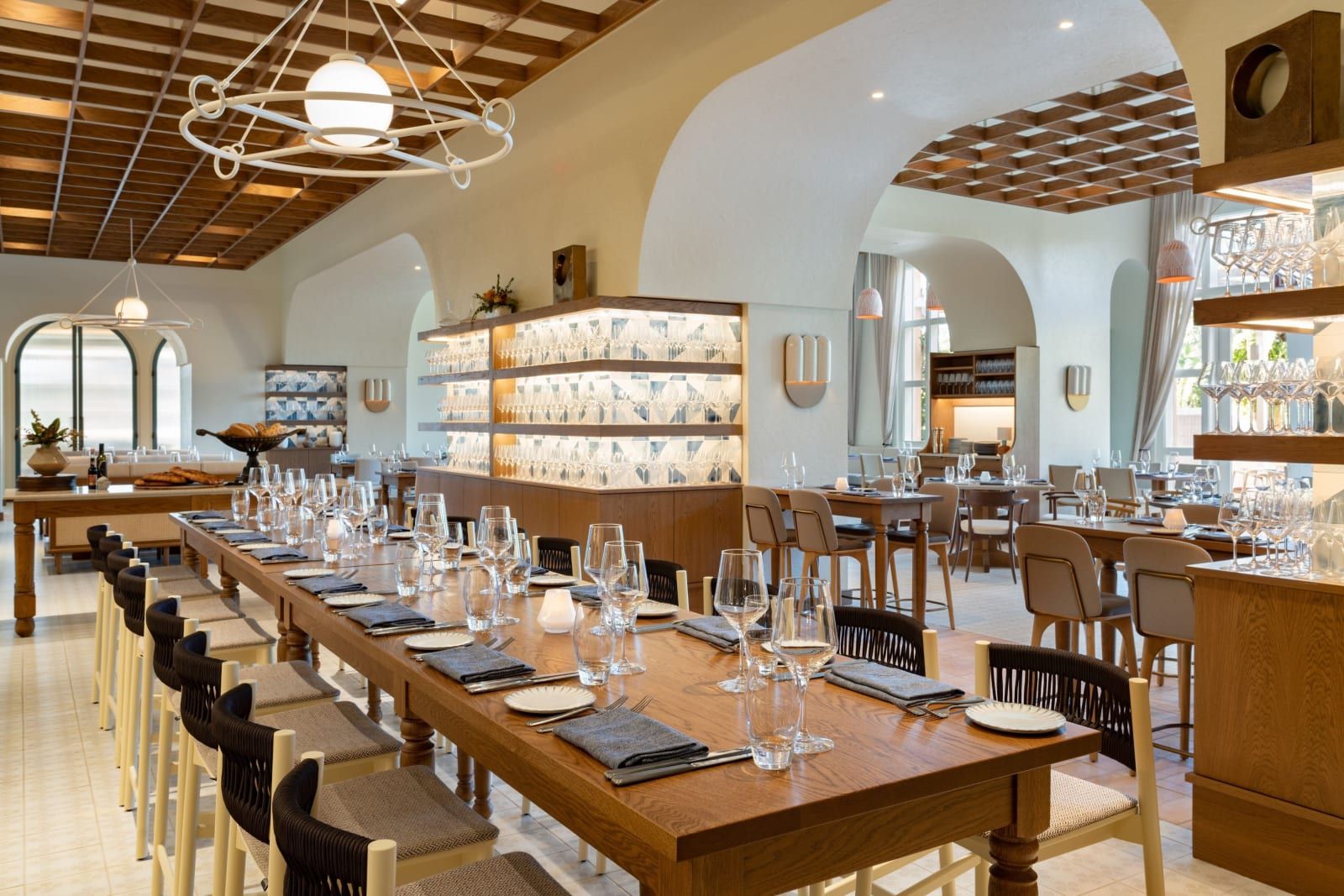 A long table set for dinner at Primo