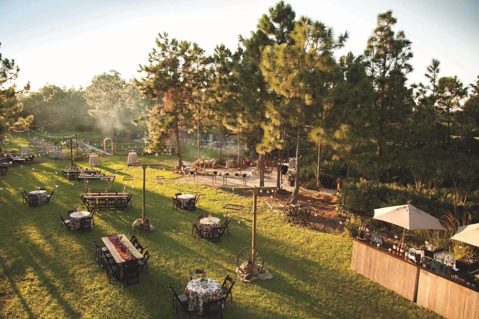 Picnic tables in the garden at Whisper Creek Farm, in late afternoon light