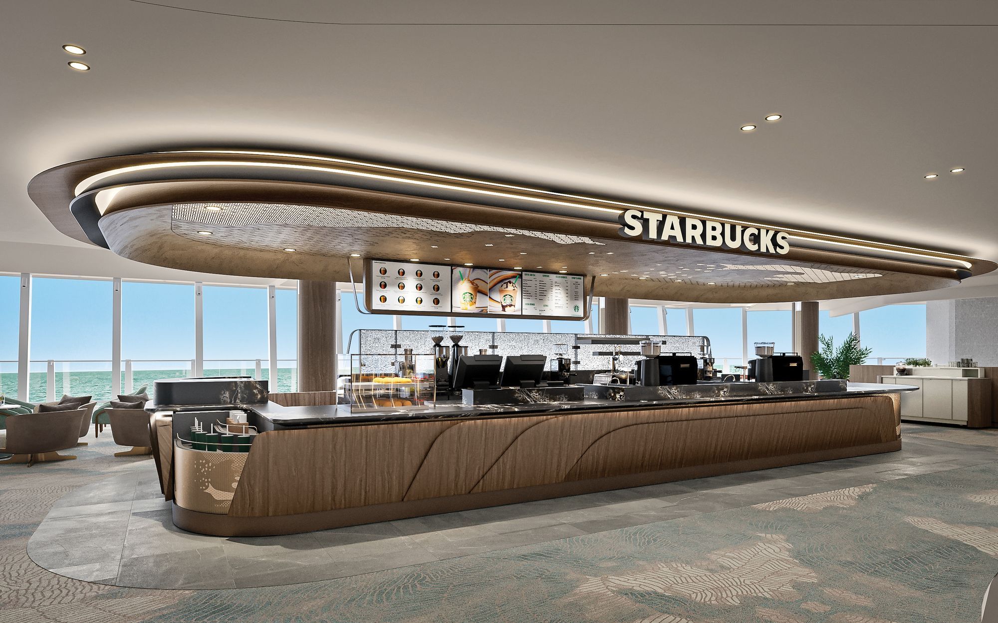 A Starbucks counter with ocean views aboard Norwegian Aura