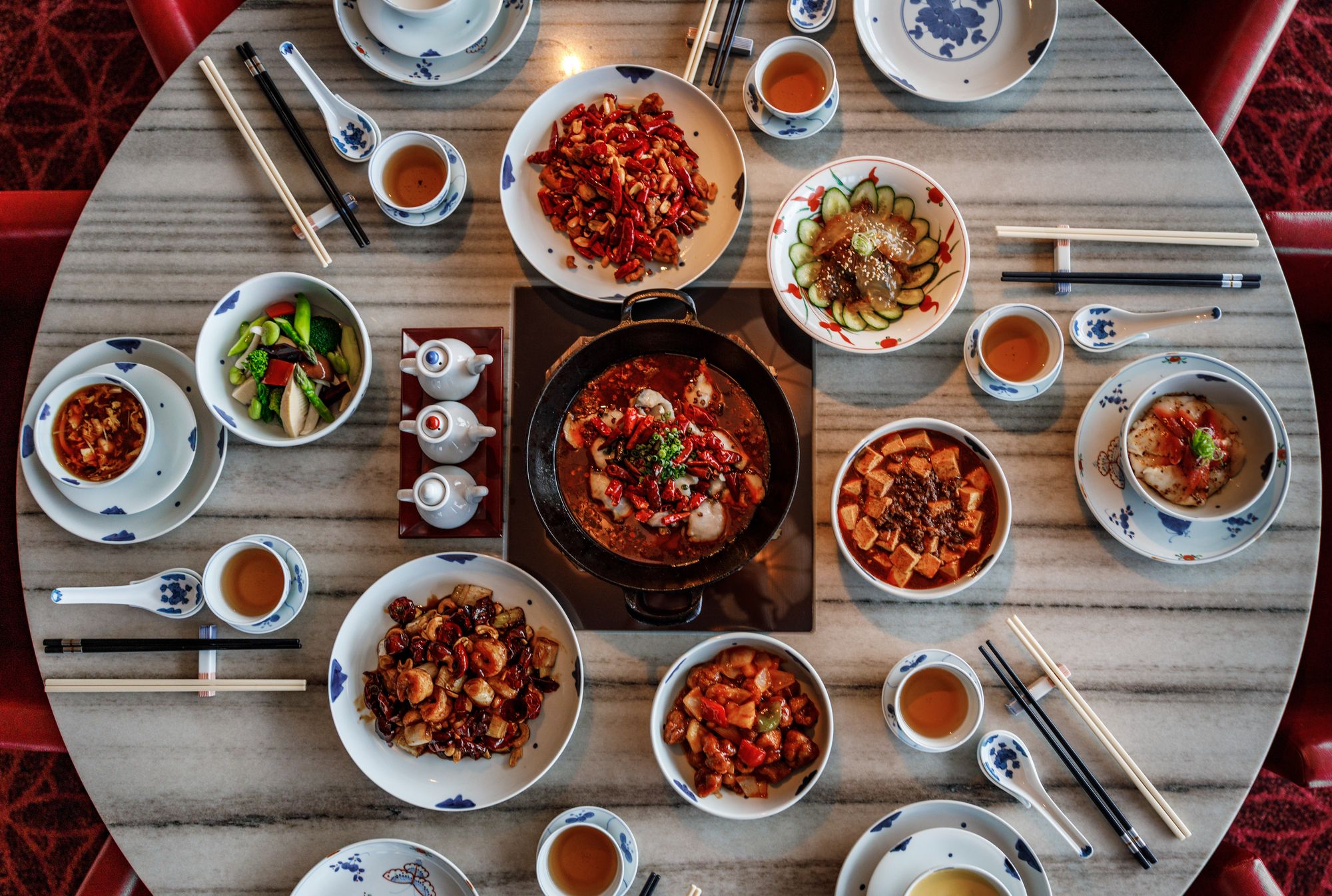 A round table filled with dishes at China Kitchen