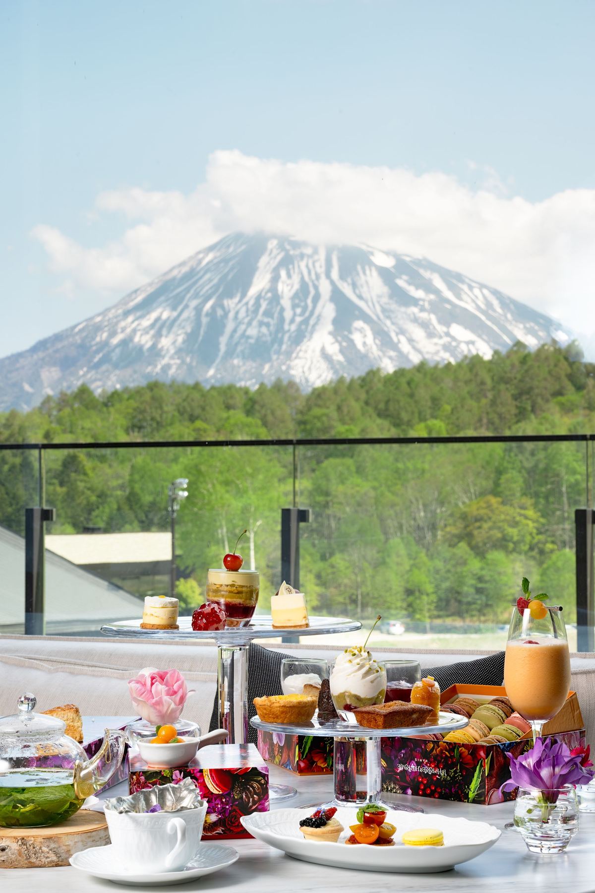 Afternoon tea on a terrace facing Mt. Yotei in summer