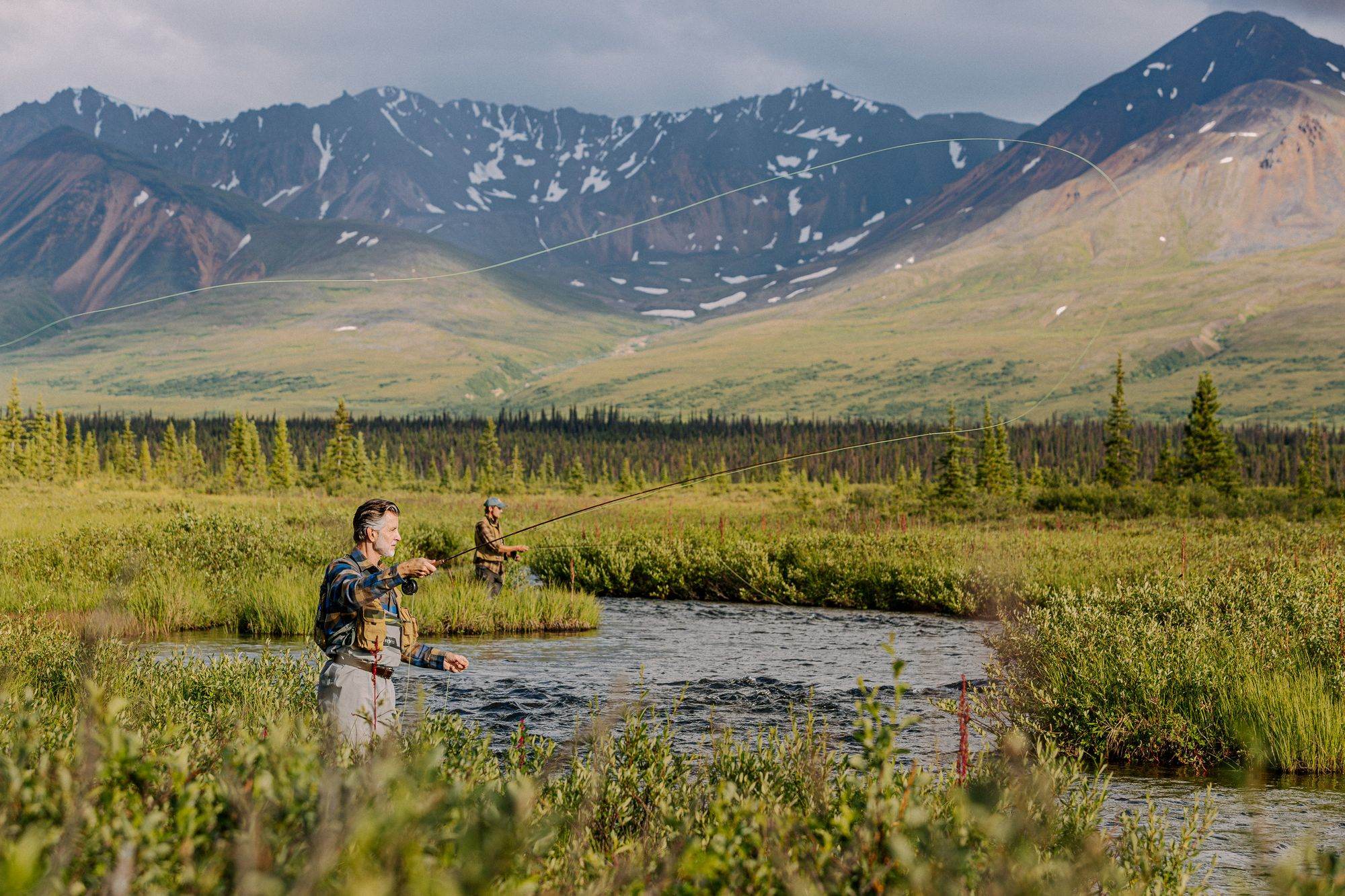 Fly fishing in a stream below the mountains of Denali National Park