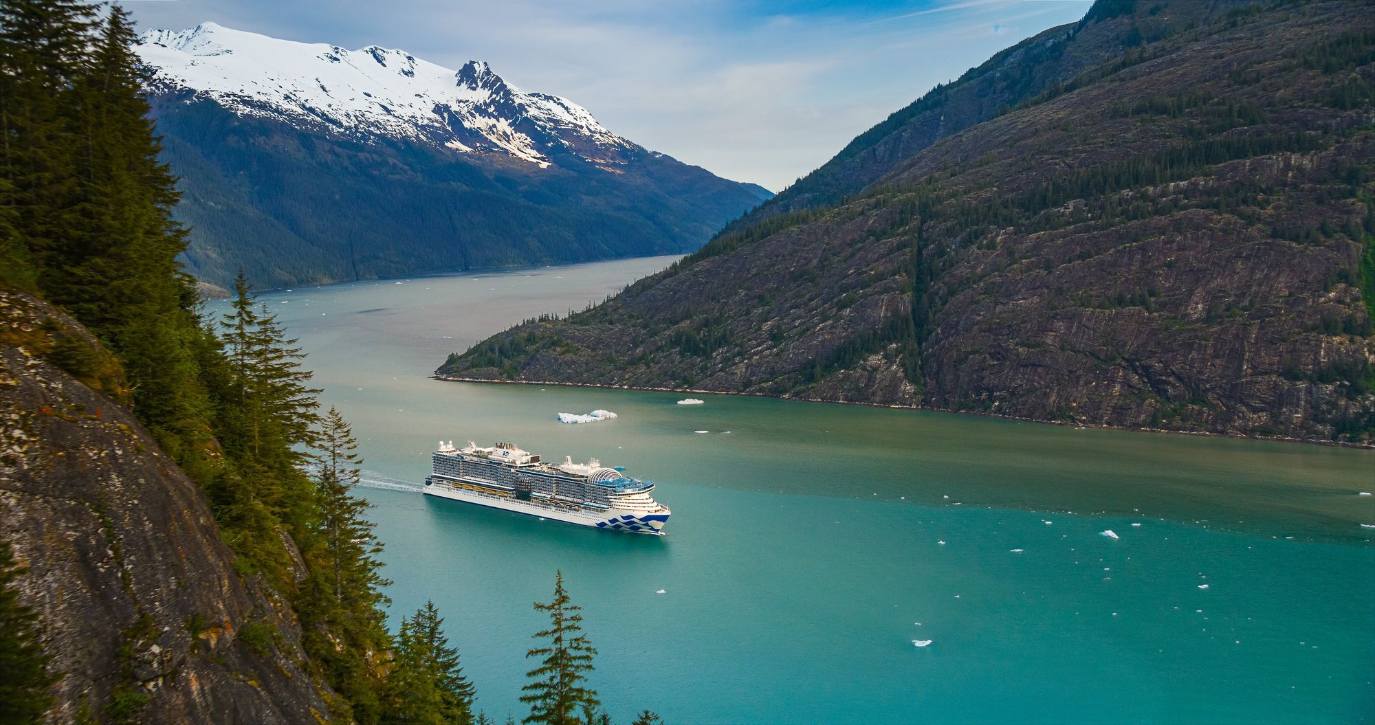 A Princess ship sailing the turquoise waters of Endicott Arm between snowy peaks