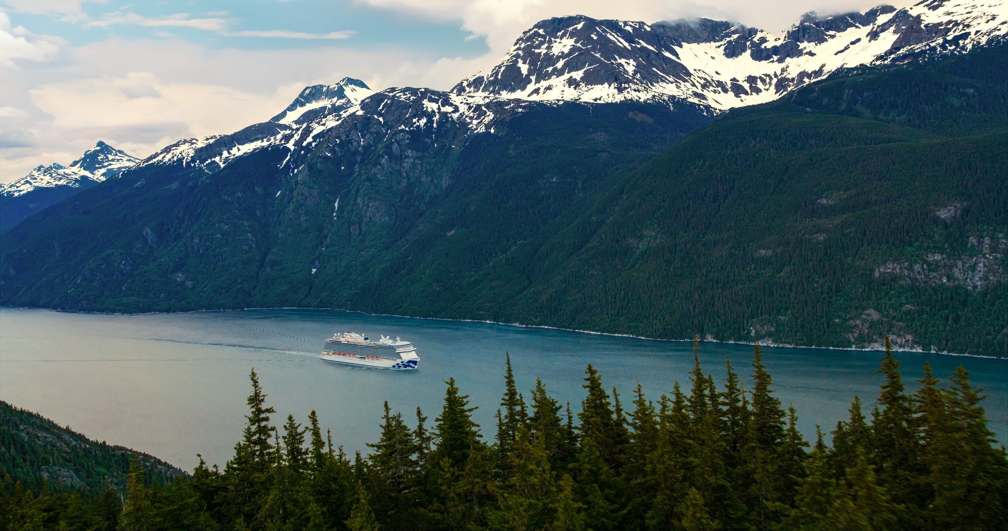 A Princess ship in the fjord near Skagway, beneath snow-capped mountains