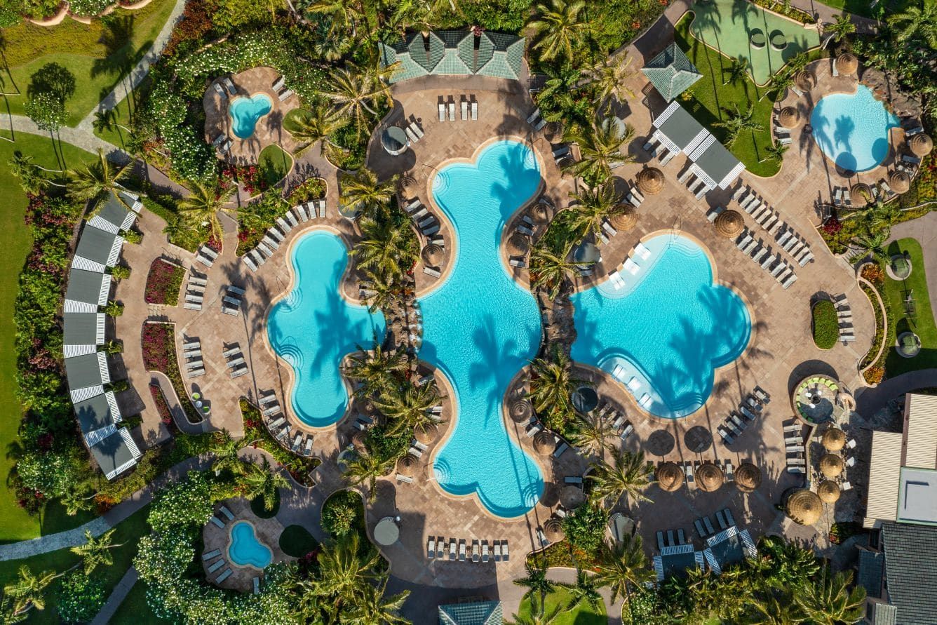 Aerial view of the three-tier pool among the gardens