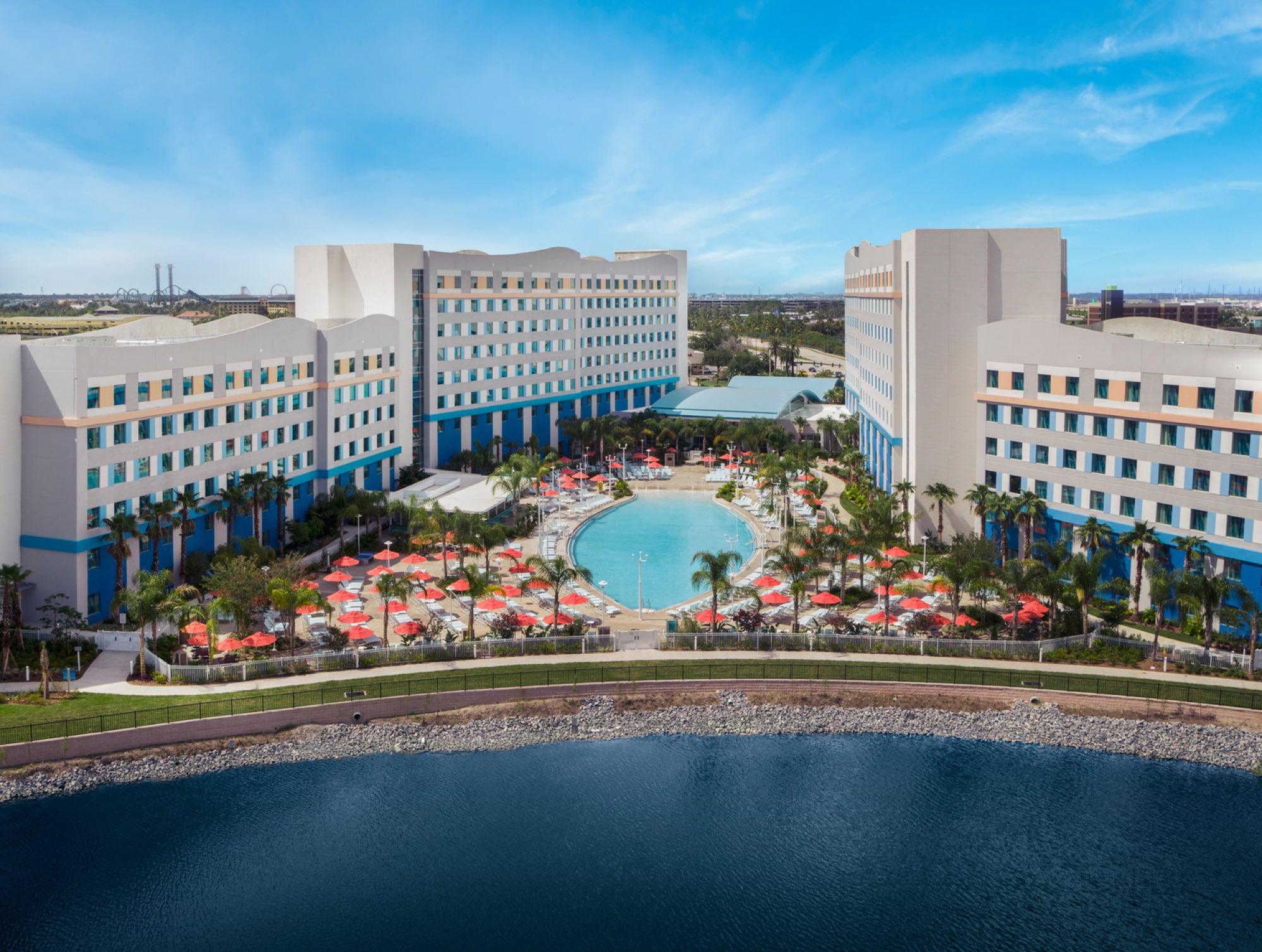 Aerial view of the pool and towers at Universal Endless Summer Resort, Surfside Inn and Suites