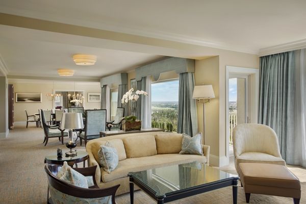 A suite living room with soft seating and garden views