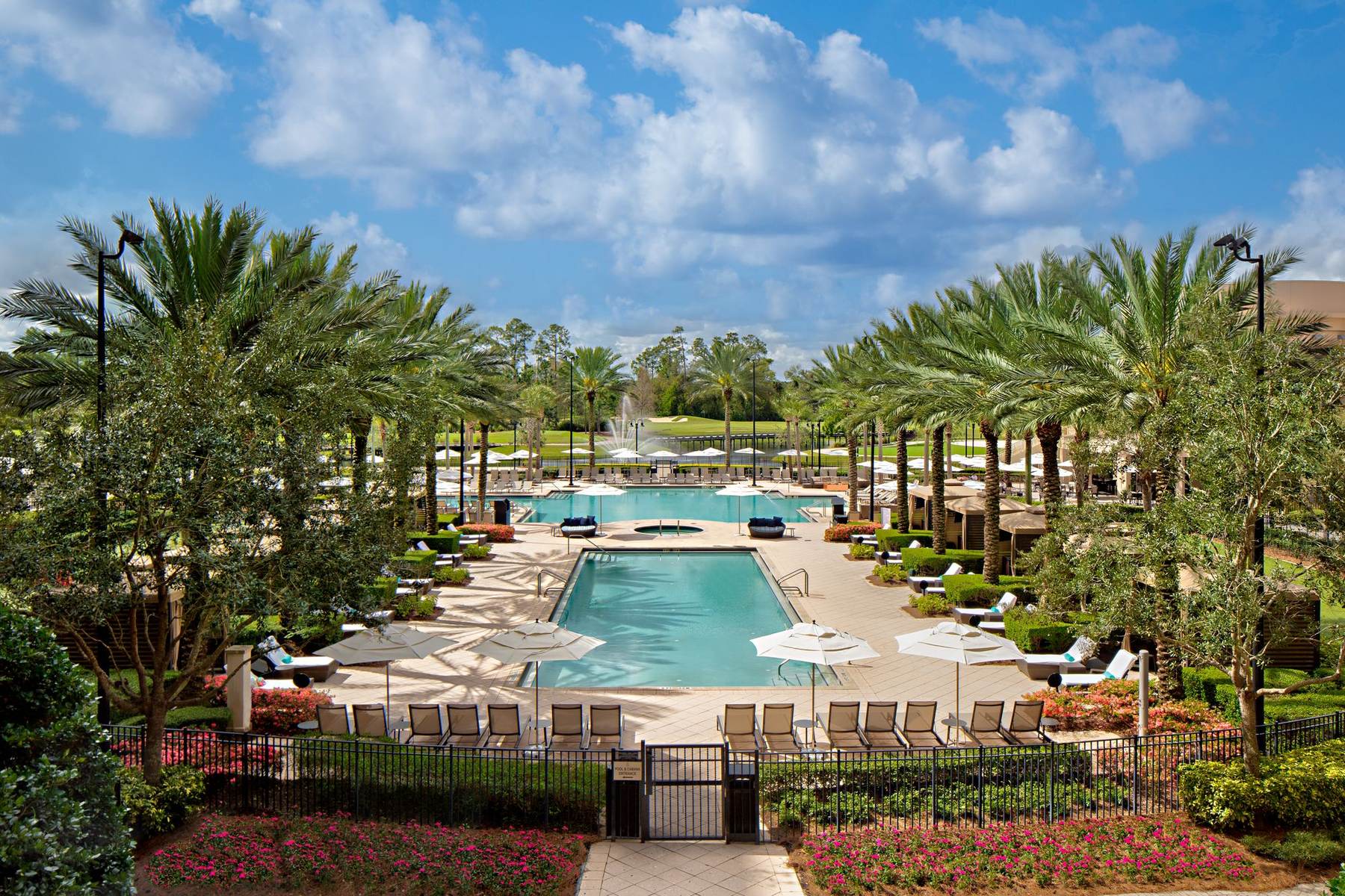 The resort pool beneath a bright blue sky